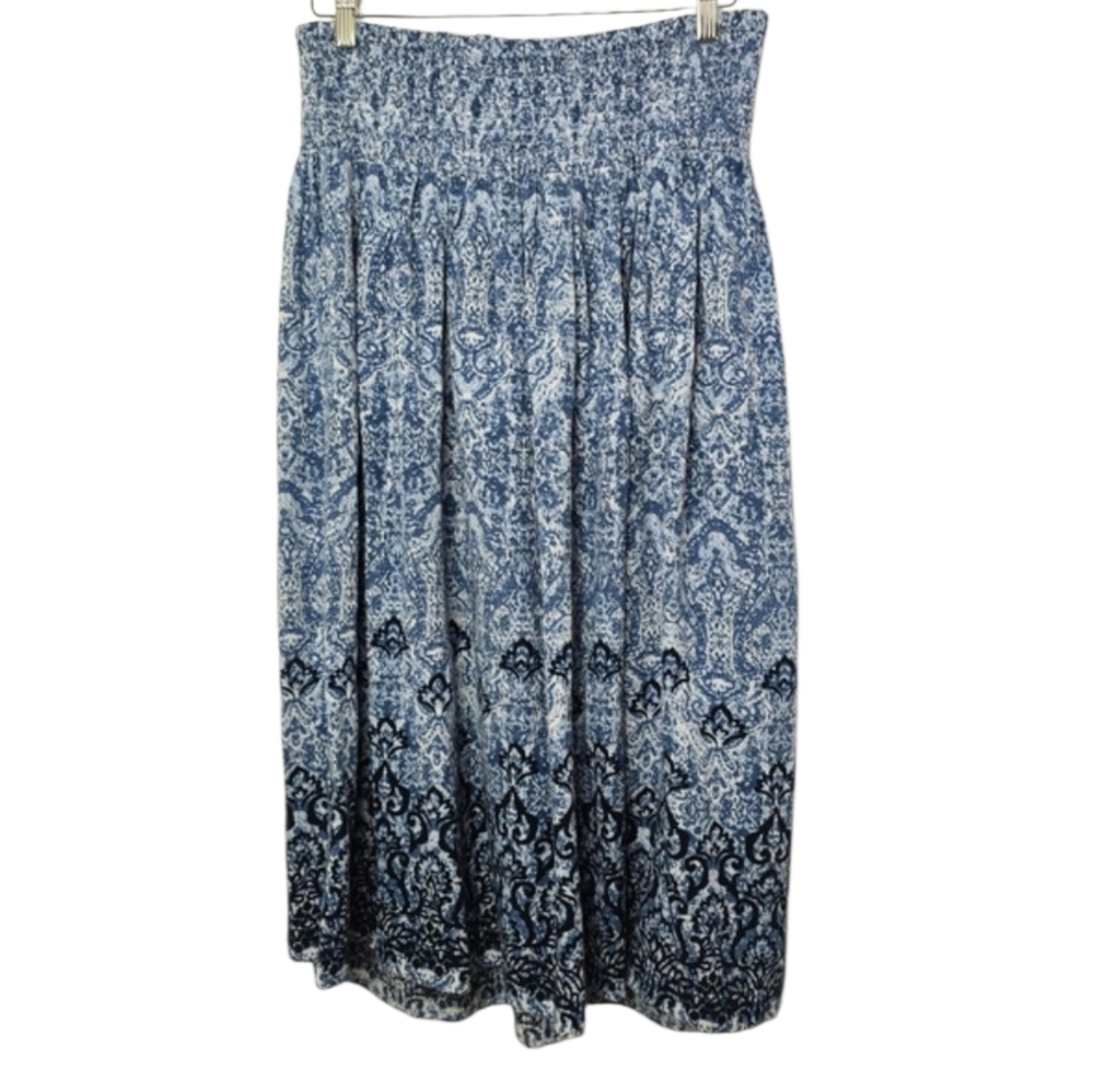 J. Jill Blue Floral Smocked Waist Midi Skirt Medium Boho Cottagecore Romantic